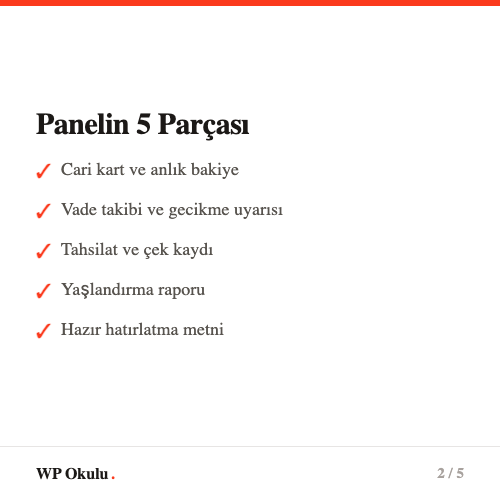 Tahsilat panelinin 5 temel parçası - Cari kart, vade takibi, tahsilat kaydı, yaşlandırma raporu, hatırlatma metni