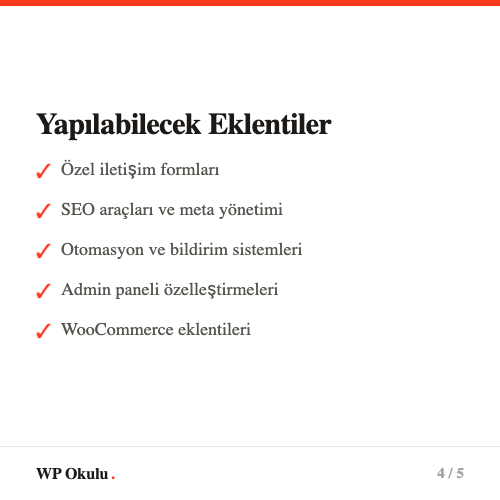 Eklenti yapısı - Ana PHP dosyası, admin menüsü, shortcode, veritabanı