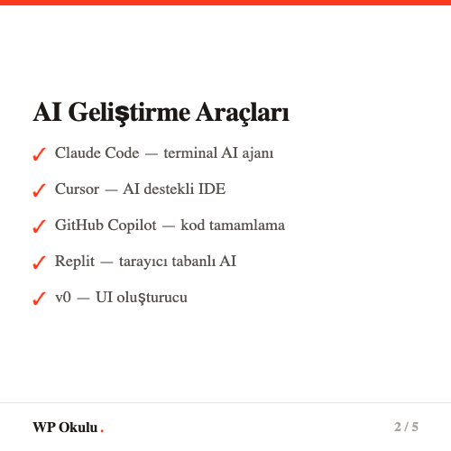 AI destekli geliştirme türleri - Kod tamamlama, AI IDE, AI agent ve no-code+AI