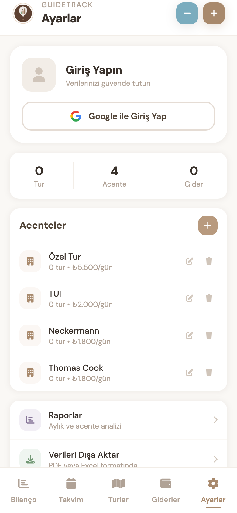 GuideTrack — Ayarlar ve acenteler