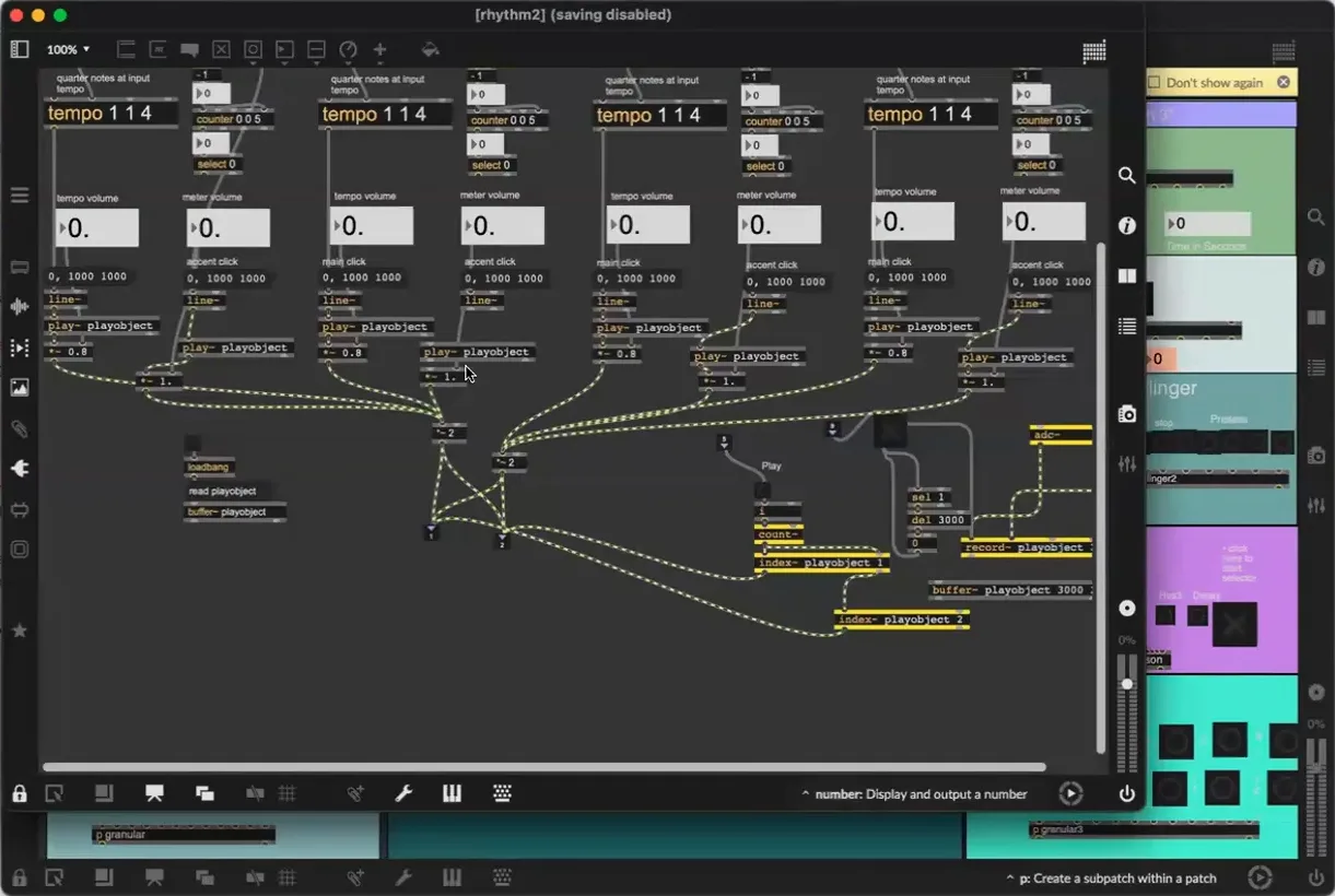 Max MSP yaması: tempo, sayaç ve tampon nesneleri