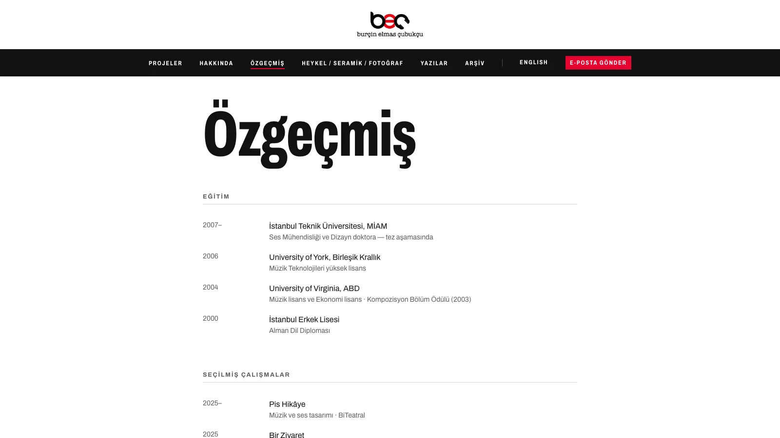 Sitenin Özgeçmiş sayfası: eğitim ve seçilmiş çalışmalar